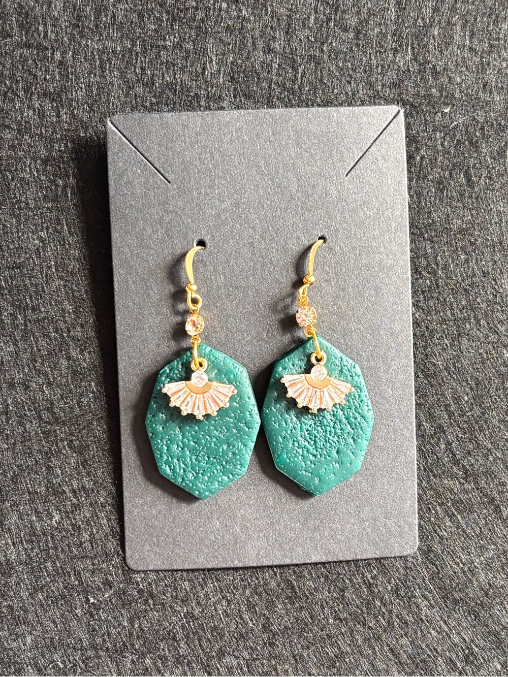 Handmade polymer clay Gold-Accented Dark Green Geometric Drop Earrings
